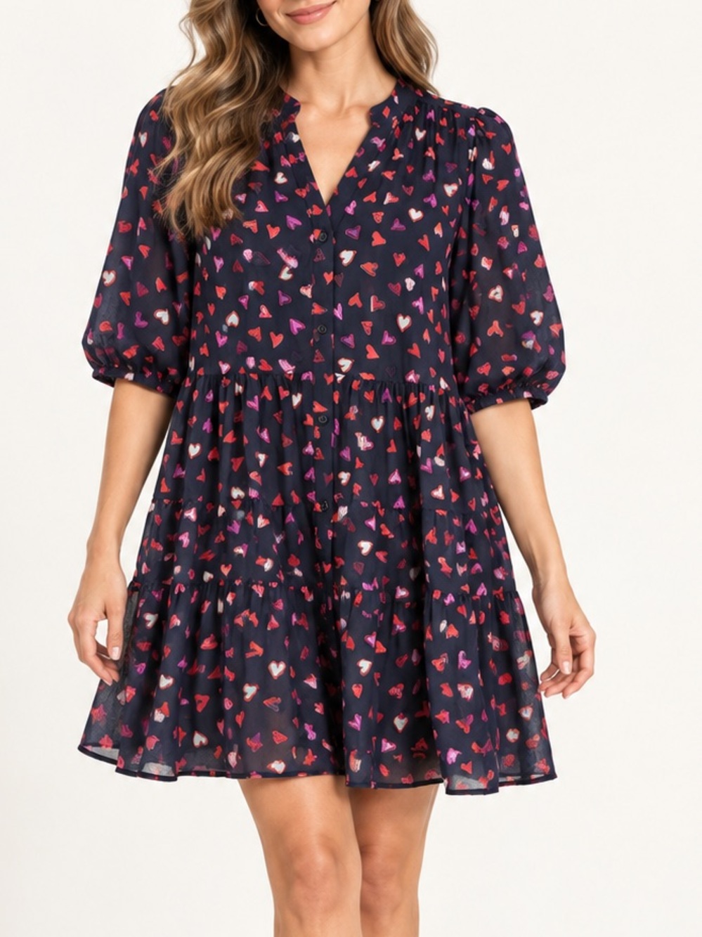 Fate Heart Print Tiered Mini Dress Size M NWT Black Red Pink Valentine’s Day